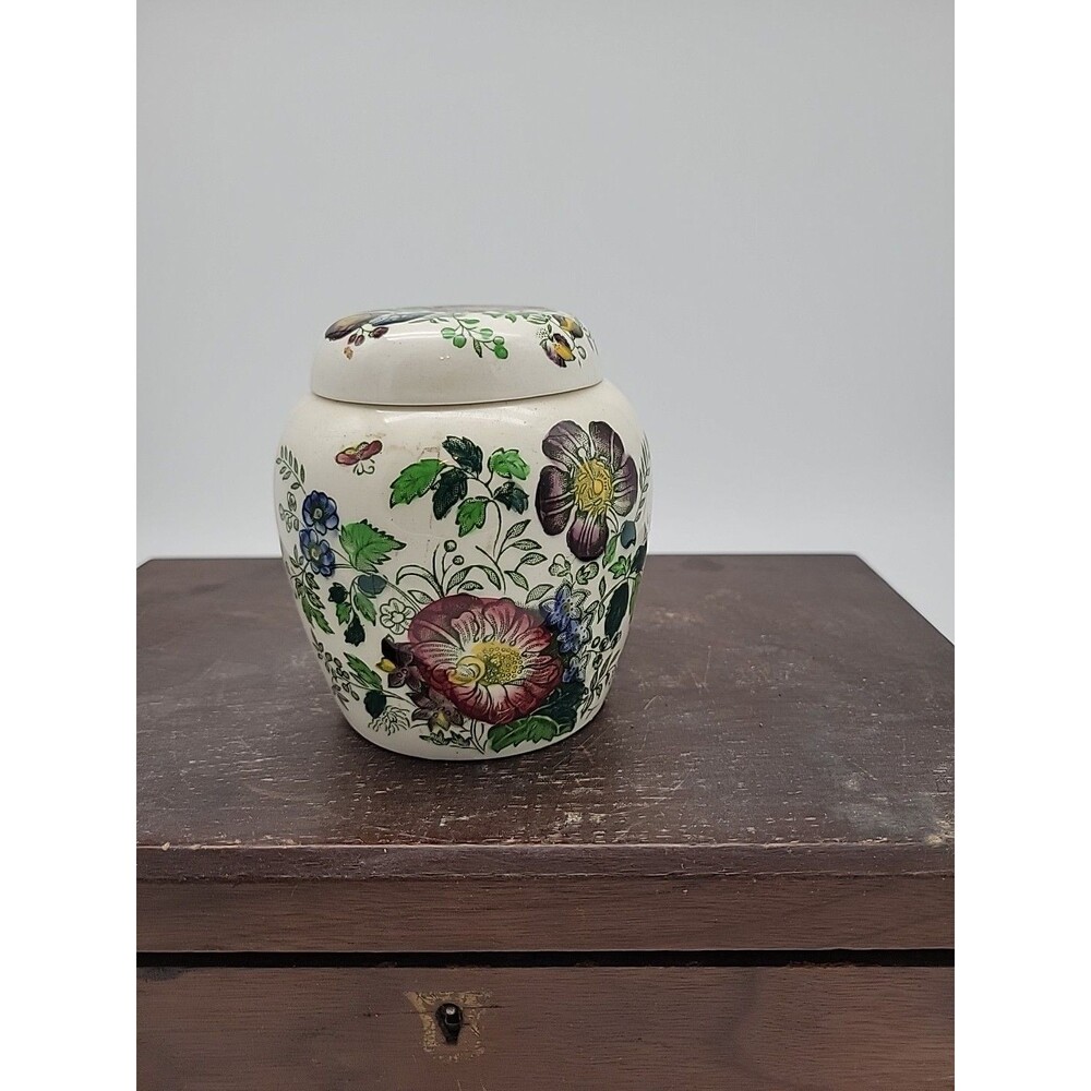 Vtg Mason's Ironstone Rosemary Shelton Square Covered Floral Jar W Lid England